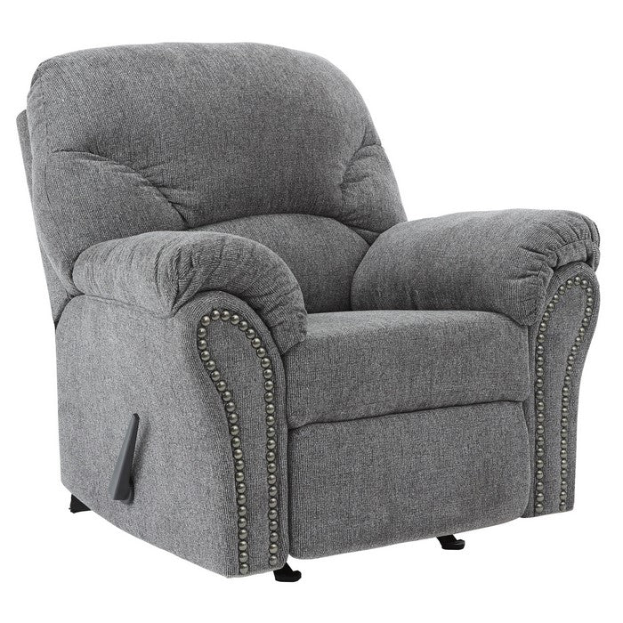 Nickel Nailhead Trim Fabric Upholstered Rocker Recliner, Gray