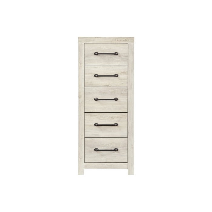 Grained 5 Drawer Wooden Chest with Bar Pull Handles, Distressed White