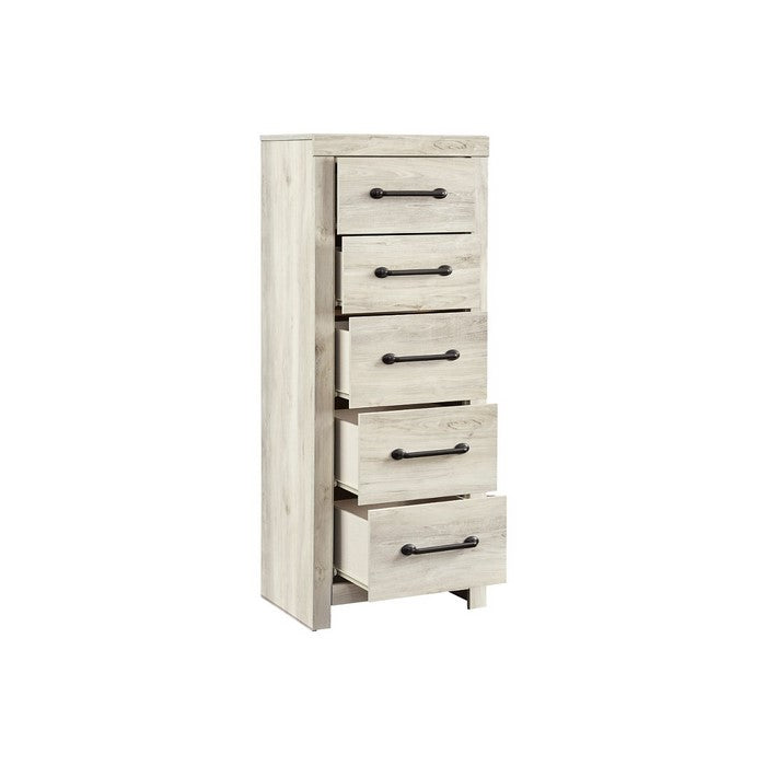 Grained 5 Drawer Wooden Chest with Bar Pull Handles, Distressed White