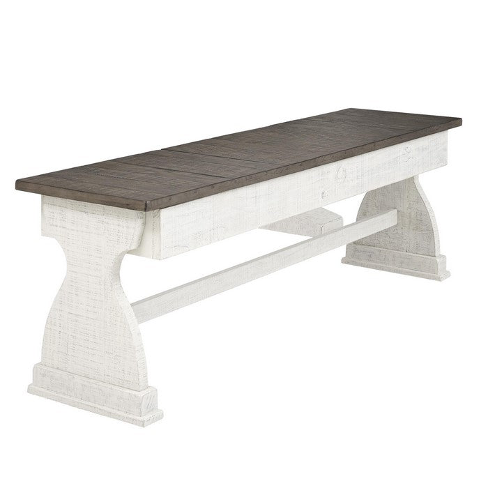 Rectangular Church Pew Shaped Wooden Dining Set, Gray and Antique White