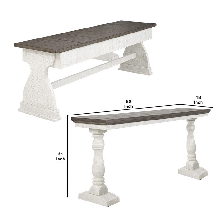 Rectangular Church Pew Shaped Wooden Dining Set, Gray and Antique White