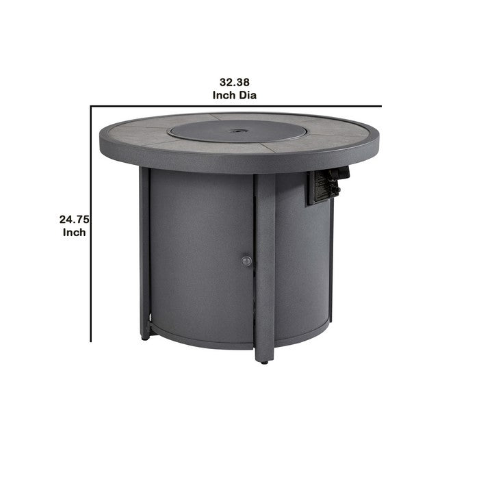 Round Metal Frame Fire Pit with Battery Operated Ignition, Gray
