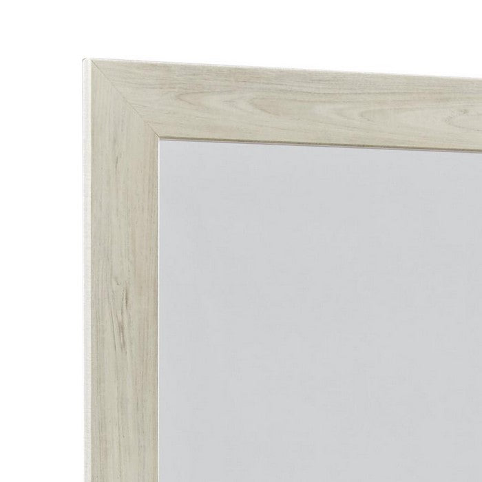 Contemporary Bedroom Mirror with Wood Grain Texture, White and Silver