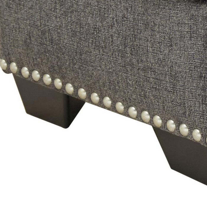 Wooden Ottoman with Polyester Upholstery and Nail Head Trims , Gray