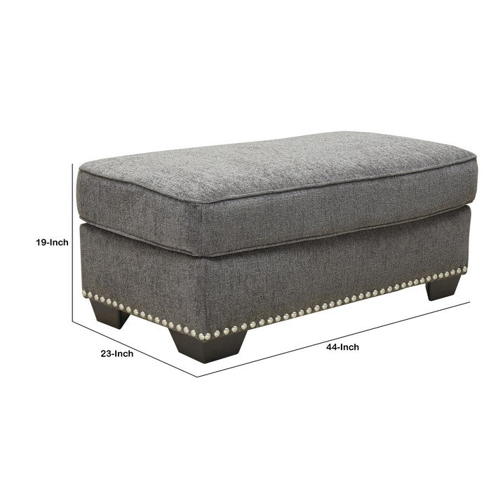 Wooden Ottoman with Polyester Upholstery and Nail Head Trims , Gray