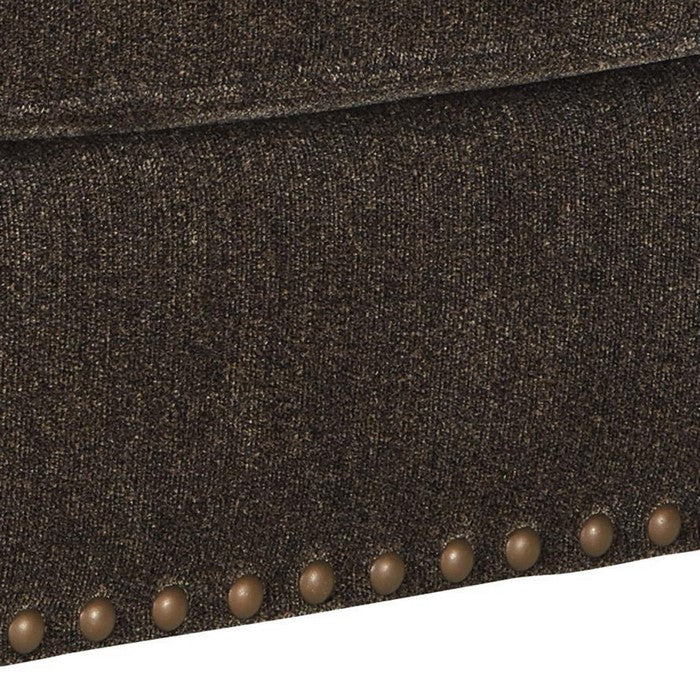 Fabric Upholstered Ottoman with Nailhead Trims and Bun Feet, Dark Brown