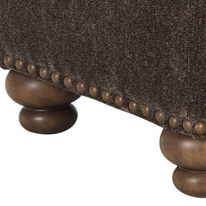 Fabric Upholstered Ottoman with Nailhead Trims and Bun Feet, Dark Brown