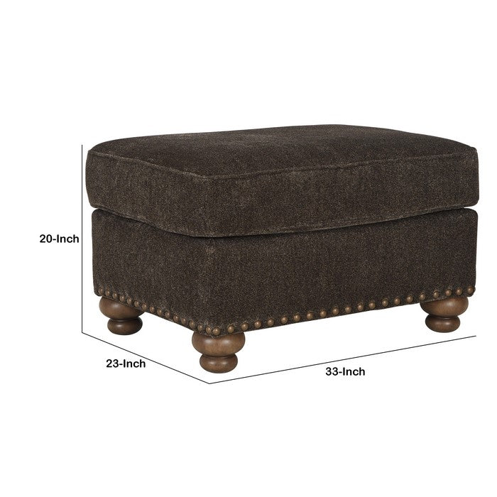 Fabric Upholstered Ottoman with Nailhead Trims and Bun Feet, Dark Brown
