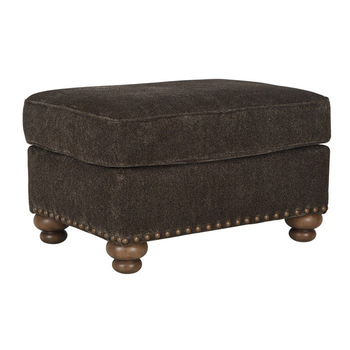 Fabric Upholstered Ottoman with Nailhead Trims and Bun Feet, Dark Brown