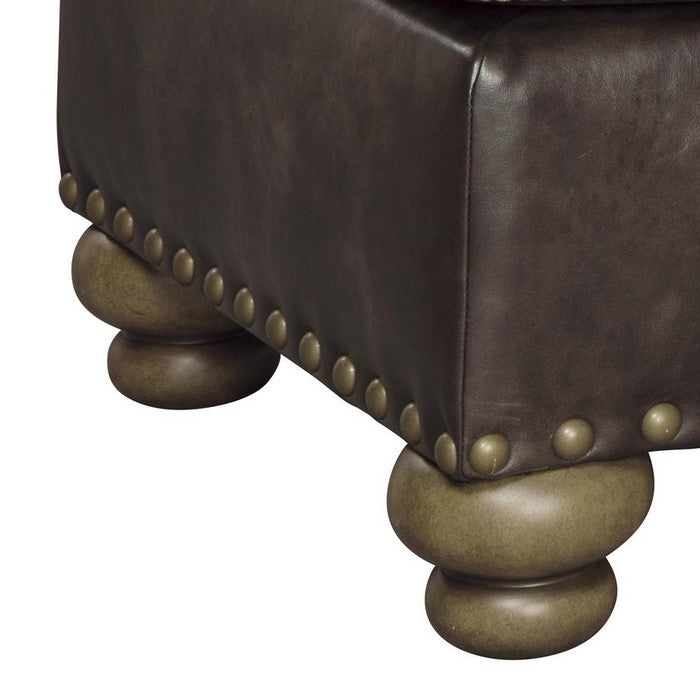 Traditional Wooden Ottoman with Nailhead Trims and Bun Feet, Brown