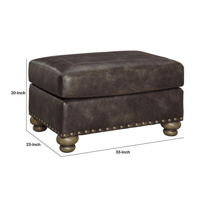 Traditional Wooden Ottoman with Nailhead Trims and Bun Feet, Brown