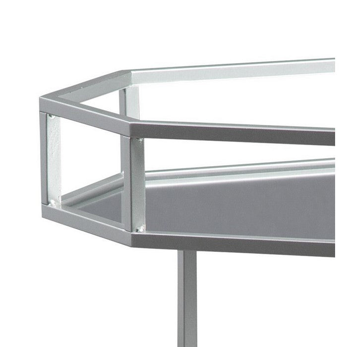 Octagonal Metal Bar Cart with Mirrored Top and Bottom, Silver