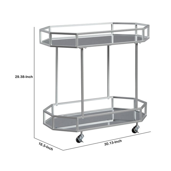 Octagonal Metal Bar Cart with Mirrored Top and Bottom, Silver