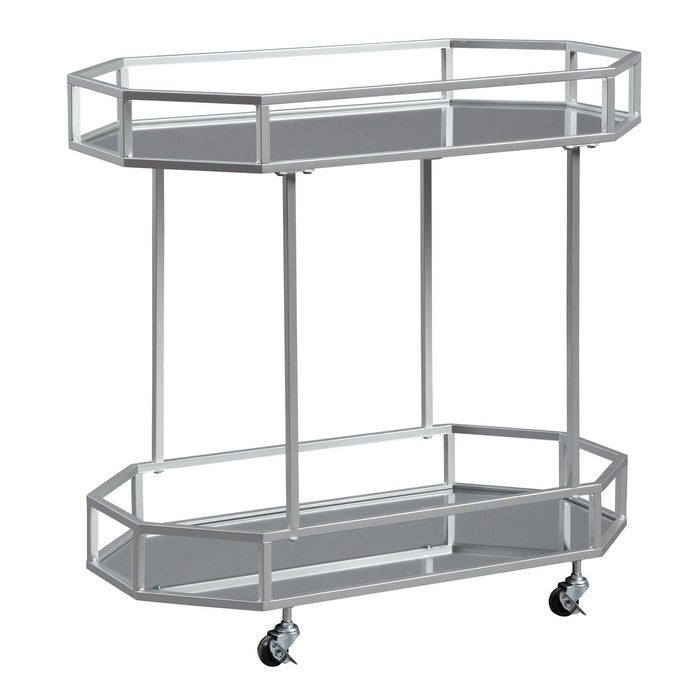Octagonal Metal Bar Cart with Mirrored Top and Bottom, Silver