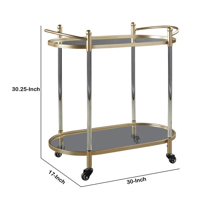 Metal Bar Cart with Oblong Tray Top and Bottom, Gold and Silver