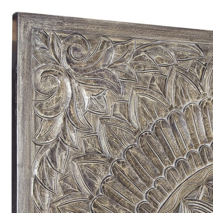 Rectangular Wooden Wall Decor with Textured Medallion Pattern, Antique Gray