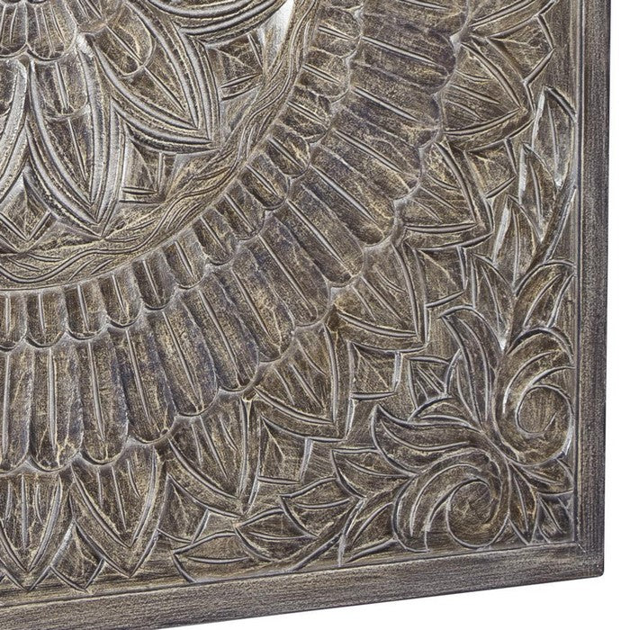 Rectangular Wooden Wall Decor with Textured Medallion Pattern, Antique Gray