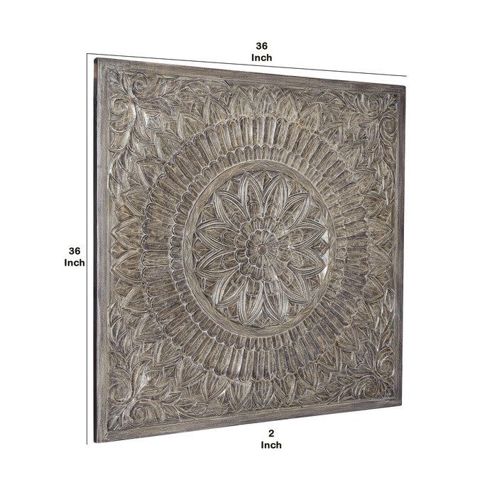 Rectangular Wooden Wall Decor with Textured Medallion Pattern, Antique Gray