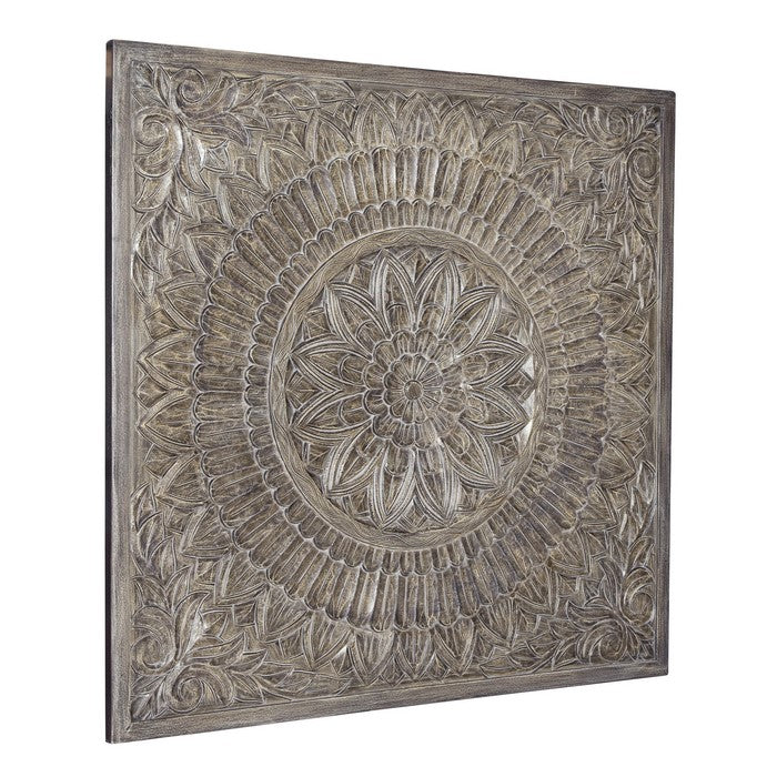 Rectangular Wooden Wall Decor with Textured Medallion Pattern, Antique Gray