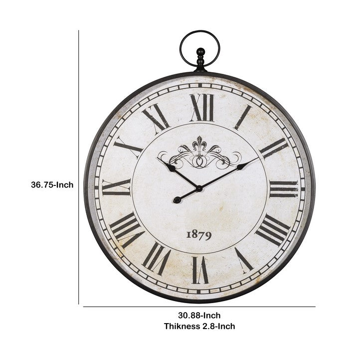 Round Metal Wall Clock with Roman Numerals, Black and White