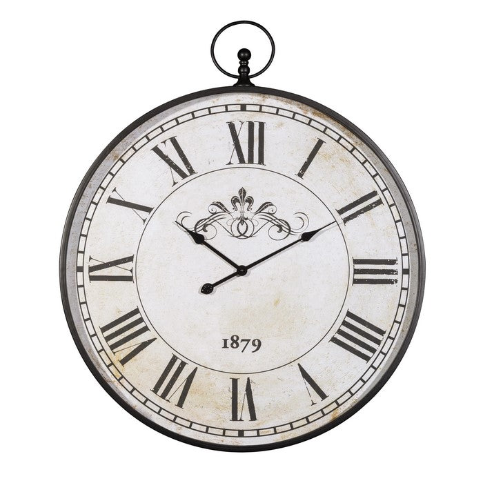 Round Metal Wall Clock with Roman Numerals, Black and White