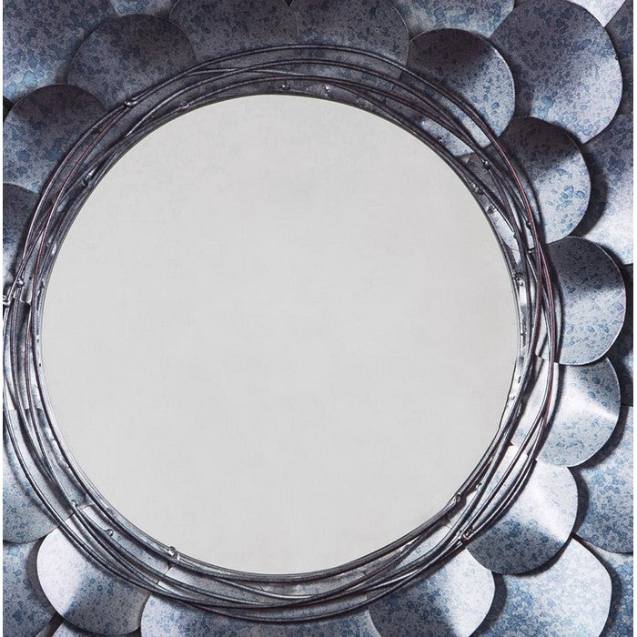 Round Metal Accent Mirror with Blooming Flower Shape, Blue and Silver