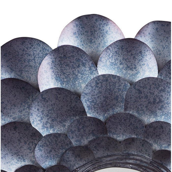 Round Metal Accent Mirror with Blooming Flower Shape, Blue and Silver