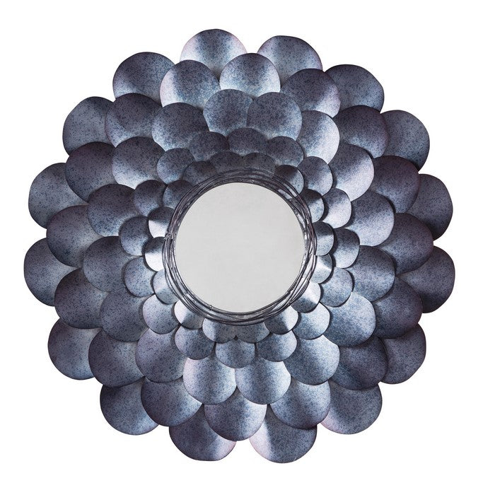 Round Metal Accent Mirror with Blooming Flower Shape, Blue and Silver