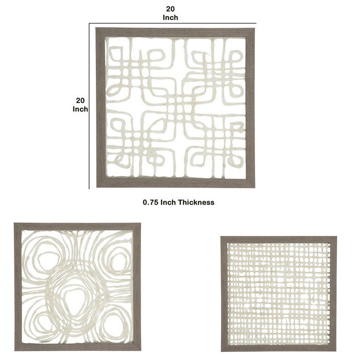 Wooden Wall Decor with Intricate Canvas Cut Outs, Set of 3, Cream and Brown