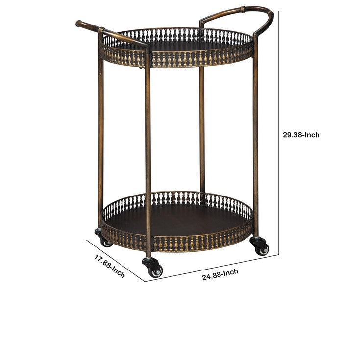 Round Tray Top Bar Cart with Spindle Railings and Curved Handles, Bronze