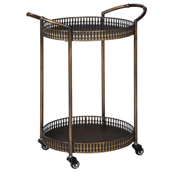 Round Tray Top Bar Cart with Spindle Railings and Curved Handles, Bronze