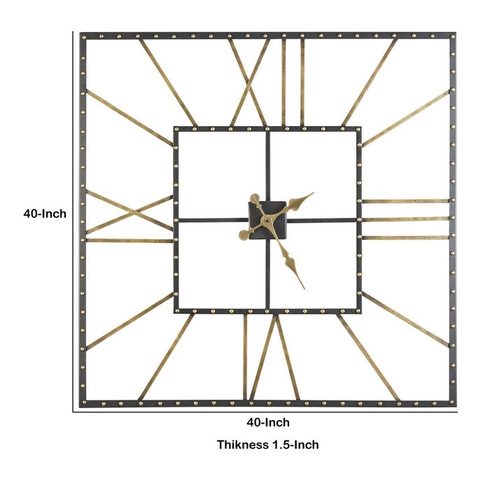 Square Open Frame Metal Wall Clock with Roman Numerals, Black and Gold