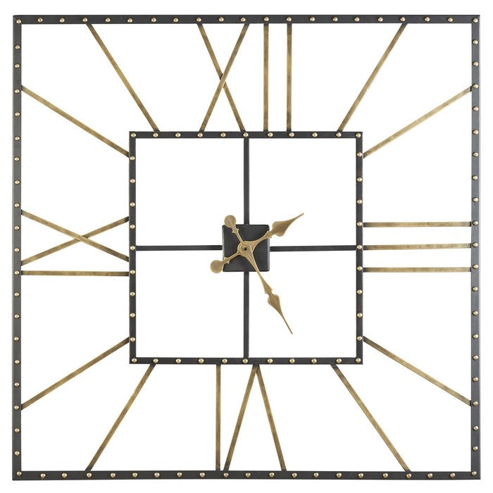 Square Open Frame Metal Wall Clock with Roman Numerals, Black and Gold