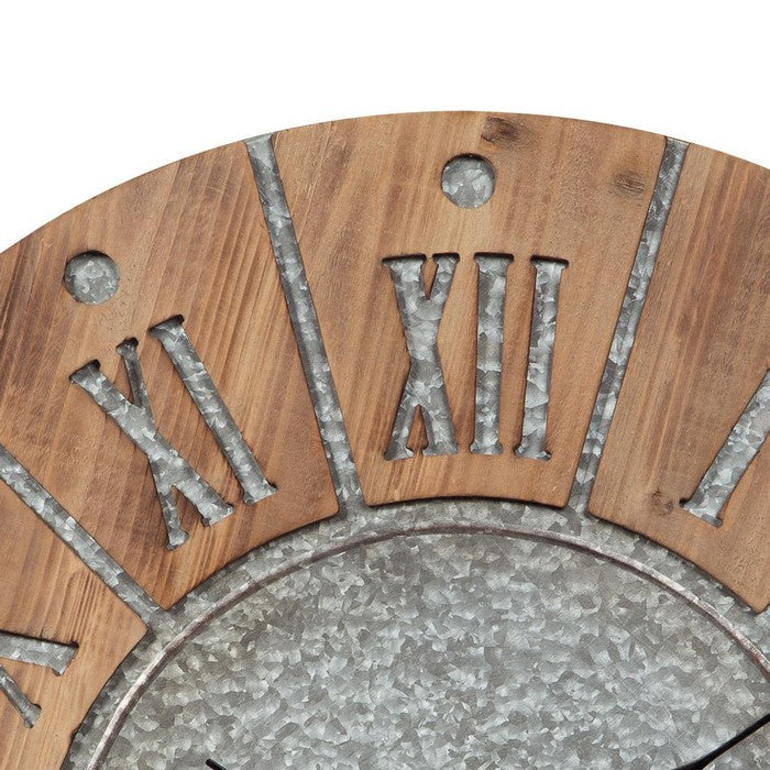 Round Wooden Frame Wall Clock with Metal Accents, Brown and Gray