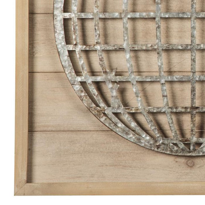 Wooden Wall Decor with Textured Round Metal World Map, Brown and Gray