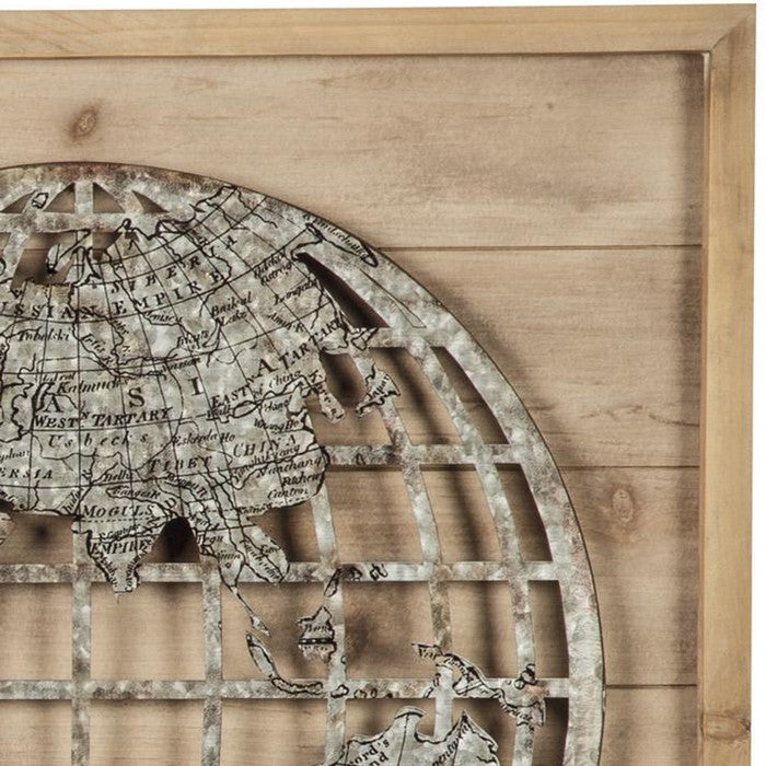 Wooden Wall Decor with Textured Round Metal World Map, Brown and Gray