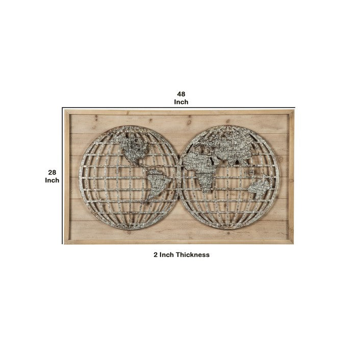 Wooden Wall Decor with Textured Round Metal World Map, Brown and Gray