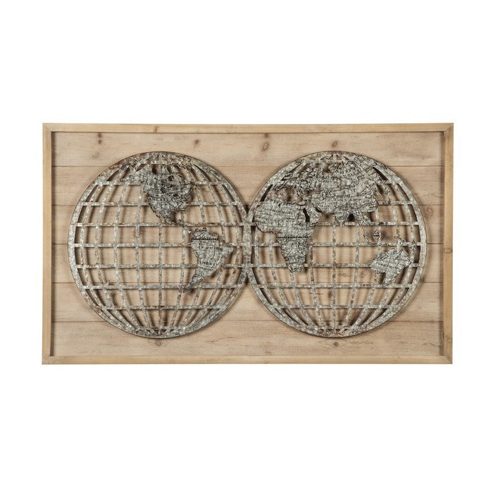 Wooden Wall Decor with Textured Round Metal World Map, Brown and Gray