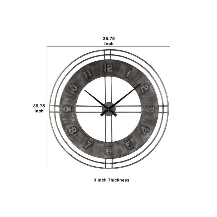 Industrial Round Metal Wall Clock with Roman Numerals, Gray