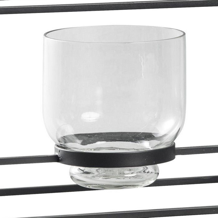 3 Glass Hurricane Candle Holders with Metal Frame, Black and Gold