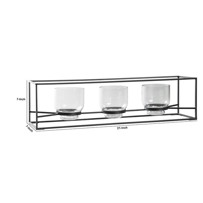 3 Glass Hurricane Candle Holders with Metal Frame, Black and Gold