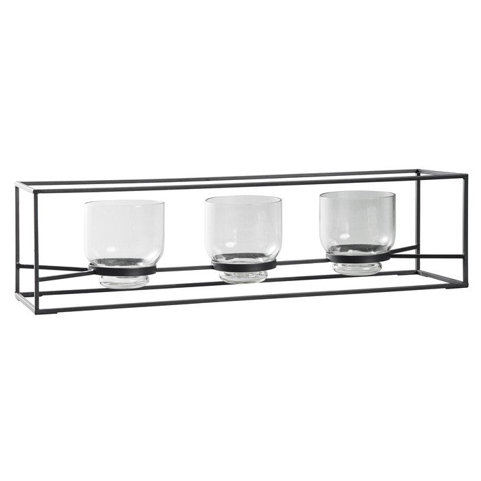 3 Glass Hurricane Candle Holders with Metal Frame, Black and Gold