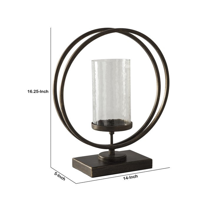 Round Metal Candle Holder with Rectangular Base, Brown and Clear