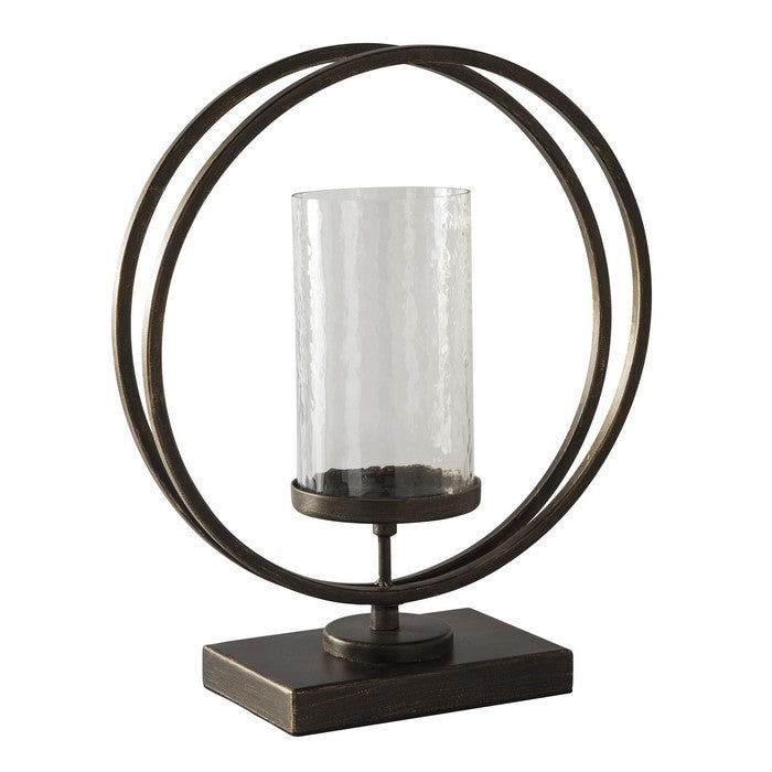 Round Metal Candle Holder with Rectangular Base, Brown and Clear
