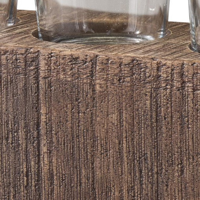 6 Glass Candle Holders with Rectangular Wooden Base, Brown and Clear