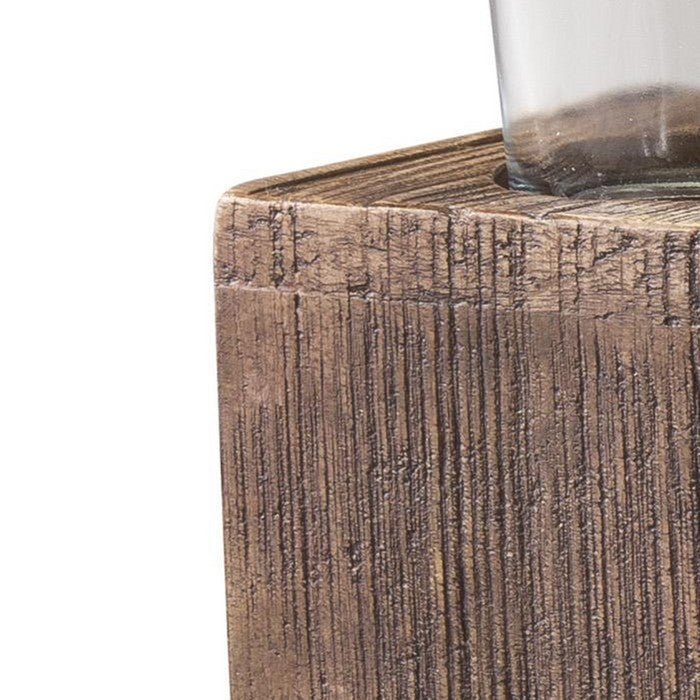 6 Glass Candle Holders with Rectangular Wooden Base, Brown and Clear