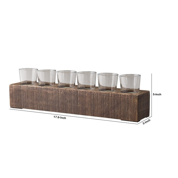 6 Glass Candle Holders with Rectangular Wooden Base, Brown and Clear