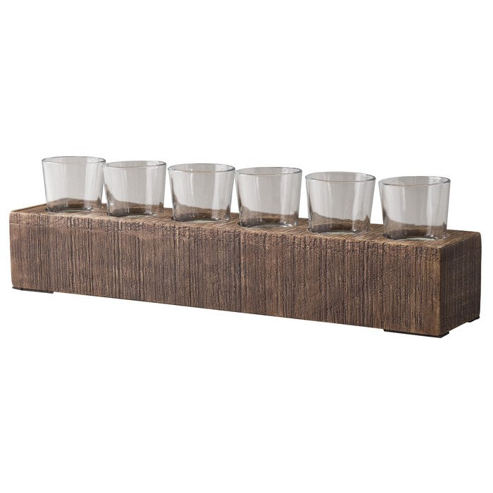 6 Glass Candle Holders with Rectangular Wooden Base, Brown and Clear