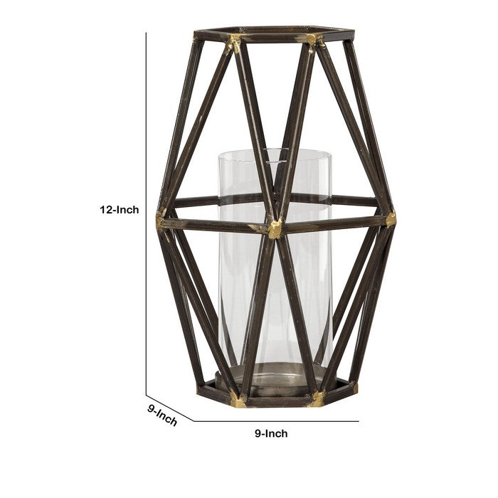 Metal Candle Holder with Open Geometric Design, Black and Gold