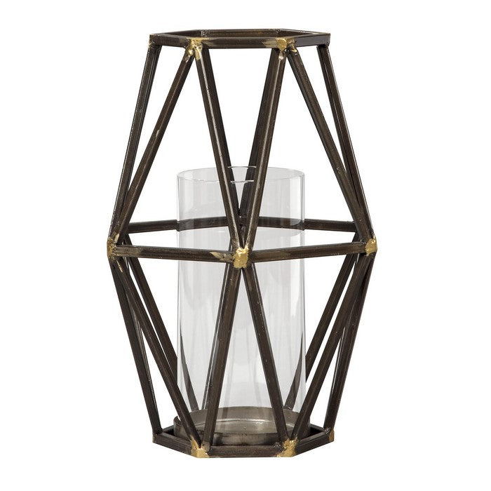 Metal Candle Holder with Open Geometric Design, Black and Gold